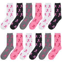 Load image into Gallery viewer, 12-Pack Women's Crew Socks Breast Cancer Awareness