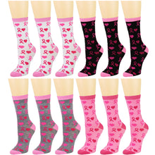 Load image into Gallery viewer, 12-Pack Women's Crew Socks Pink Ribbon &amp; Heart